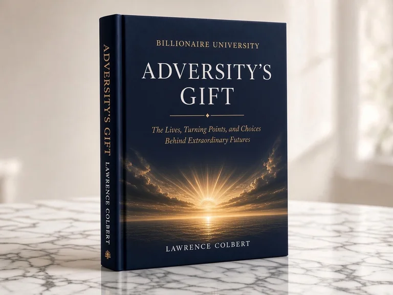 Adversity’s Gift by Lawrence Colbert, with its navy and gold cover, photographed on a marble surface