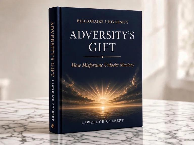 Adversity’s Gift - How Misfortune Unlocks Mastery by Lawrence Colbert, with its navy and gold cover, photographed on a marble surface